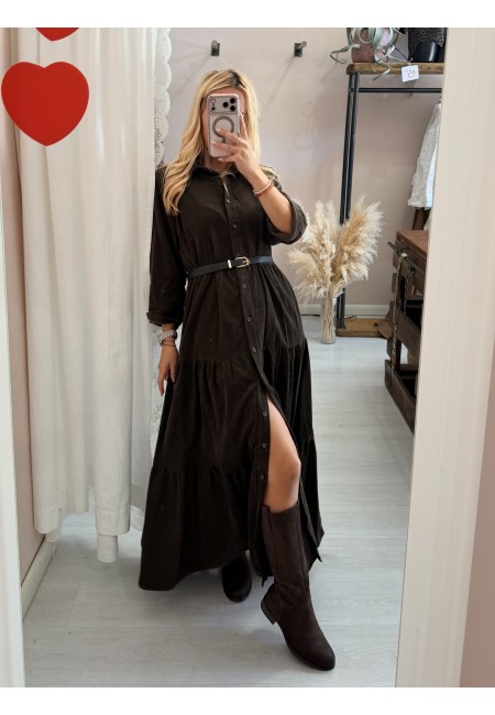 Vestito lungo chemisier velluto a costine marrone