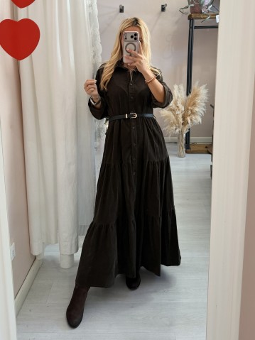 Vestito lungo chemisier velluto a costine marrone 2