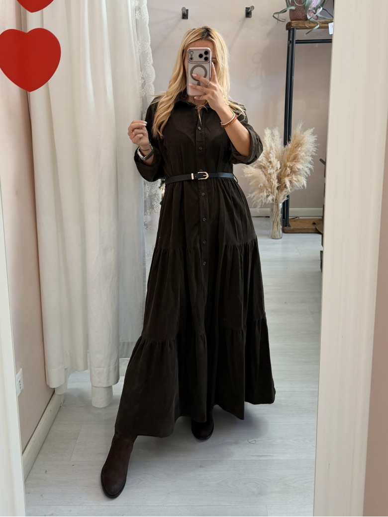 Vestito lungo chemisier velluto a costine marrone