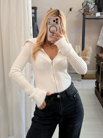 Maglioncino zip colletto e polsini pelosetti bianca