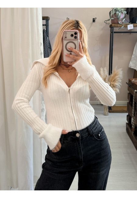 Maglioncino zip colletto e polsini pelosetti bianca