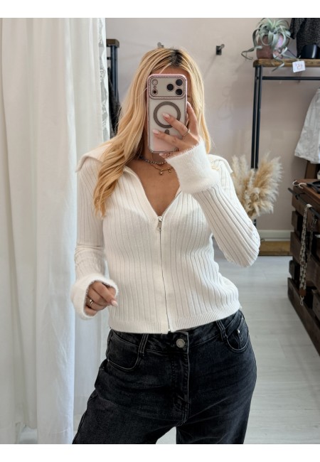 Maglioncino zip colletto e polsini pelosetti bianca