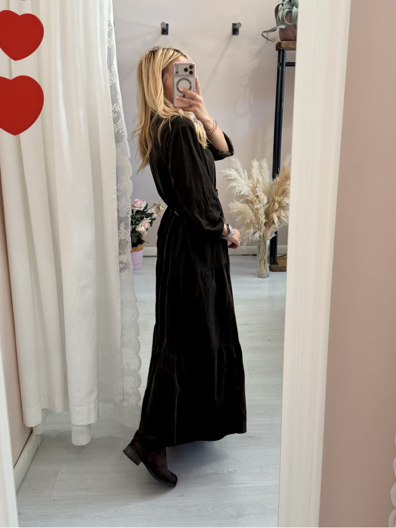 Vestito lungo chemisier velluto a costine marrone