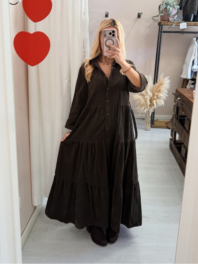 Vestito lungo chemisier velluto a costine marrone