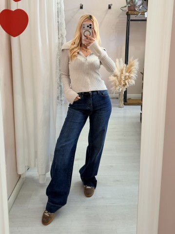 Maglioncino zip colletto e polsini pelosetti Beige 2