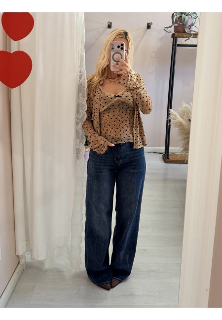 Set cardigan canotta cuoricini cammello