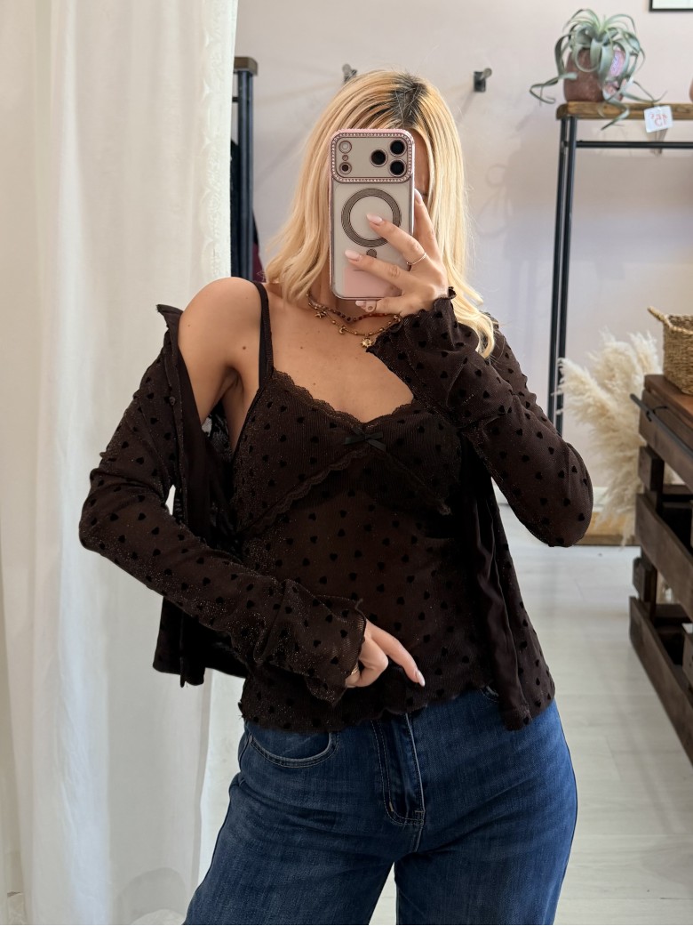 Set cardigan canotta cuoricini marrone