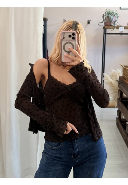 Set cardigan canotta cuoricini marrone