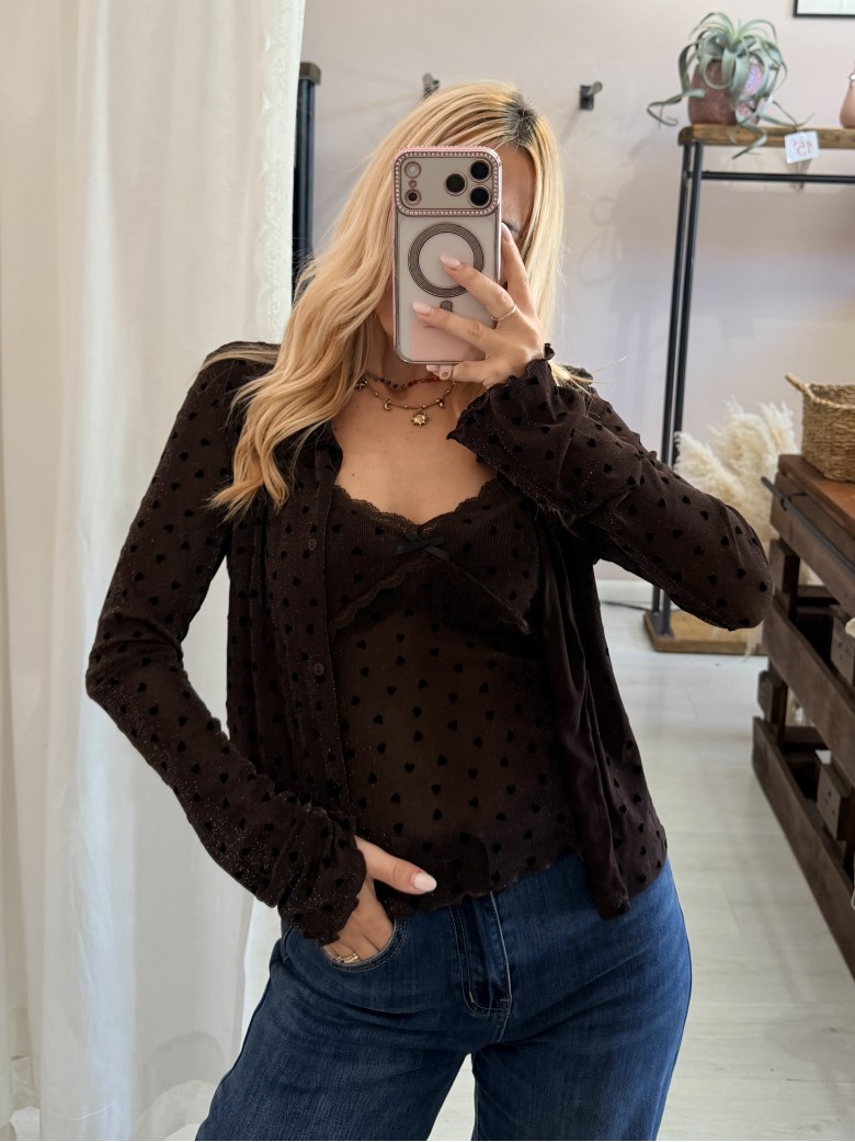 Set cardigan canotta cuoricini marrone