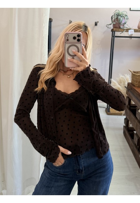 Set cardigan canotta cuoricini marrone