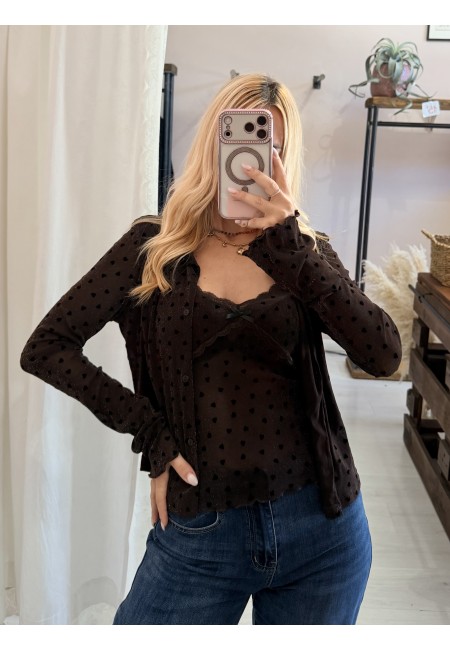 Set cardigan canotta cuoricini marrone