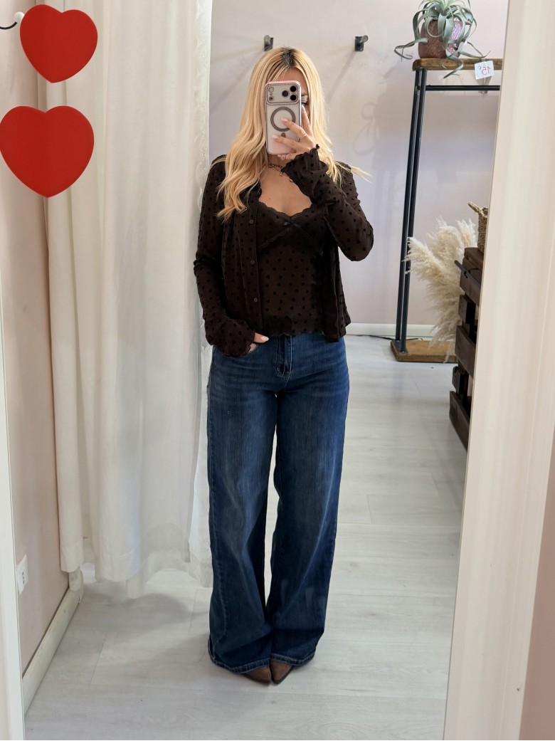 Set cardigan canotta cuoricini marrone
