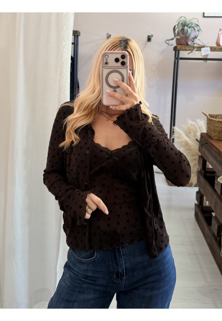 Set cardigan canotta cuoricini marrone