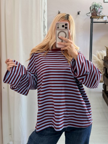 Maxi maglia a righe celeste e bordeaux