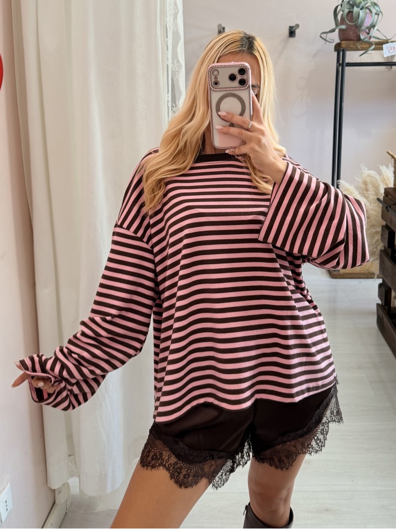 Maxi maglia a righe marrone e rosa