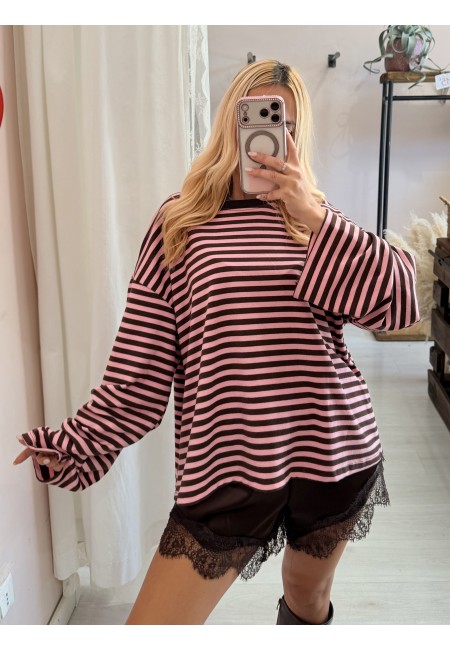 Maxi maglia a righe marrone e rosa