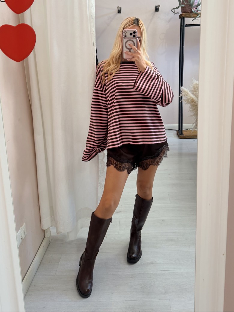 Maxi maglia a righe marrone e rosa