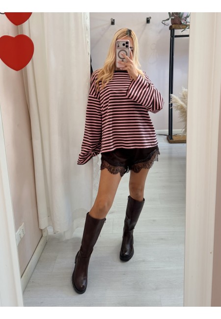 Maxi maglia a righe marrone e rosa