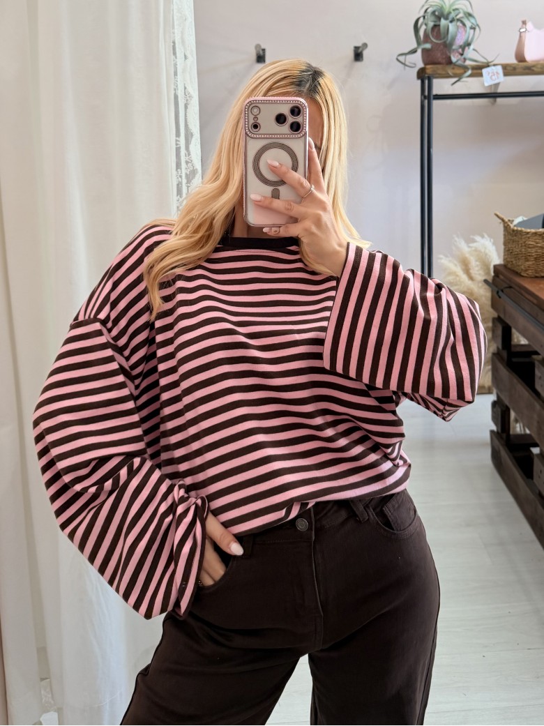 Maxi maglia a righe marrone e rosa