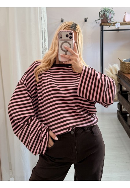 Maxi maglia a righe marrone e rosa