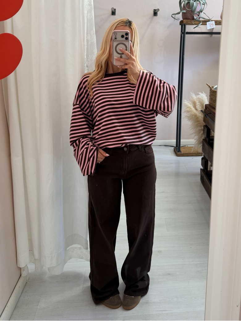 Maxi maglia a righe marrone e rosa