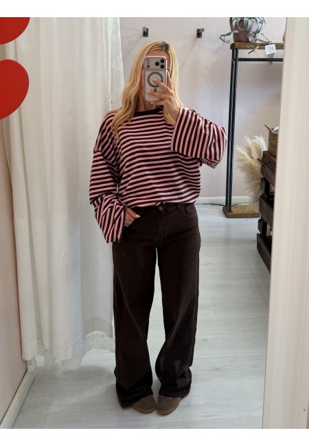 Maxi maglia a righe marrone e rosa