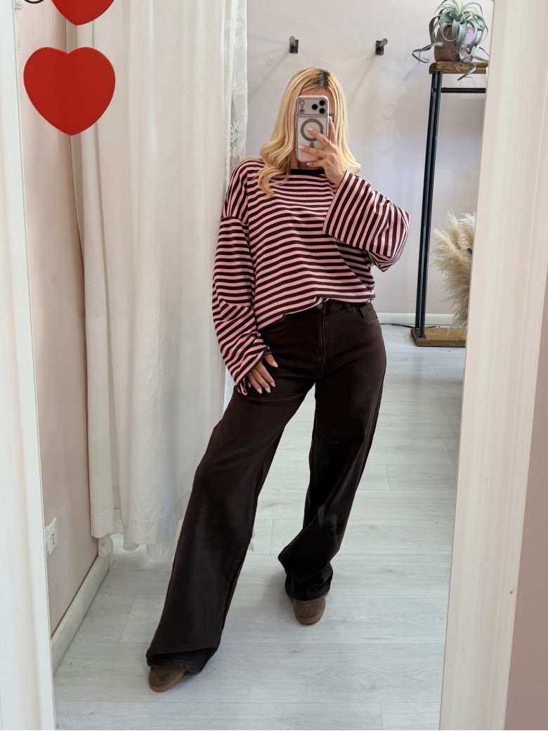 Maxi maglia a righe marrone e rosa