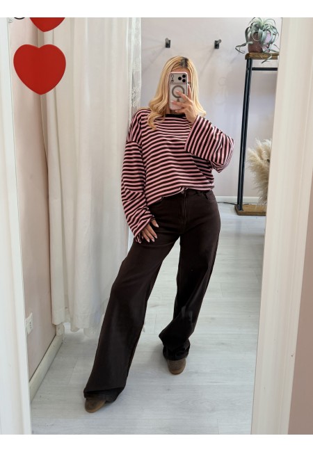 Maxi maglia a righe marrone e rosa
