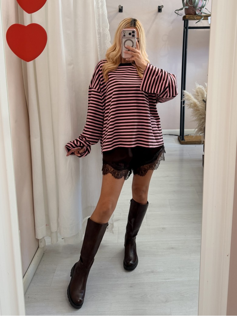 Maxi maglia a righe marrone e rosa