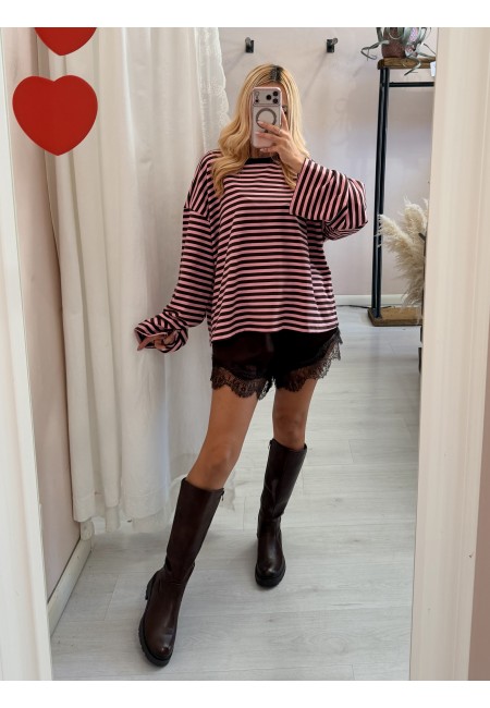 Maxi maglia a righe marrone e rosa