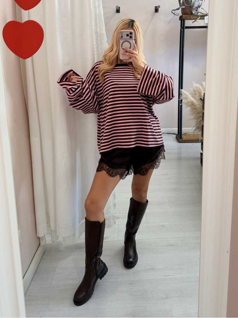 Maxi maglia a righe marrone e rosa