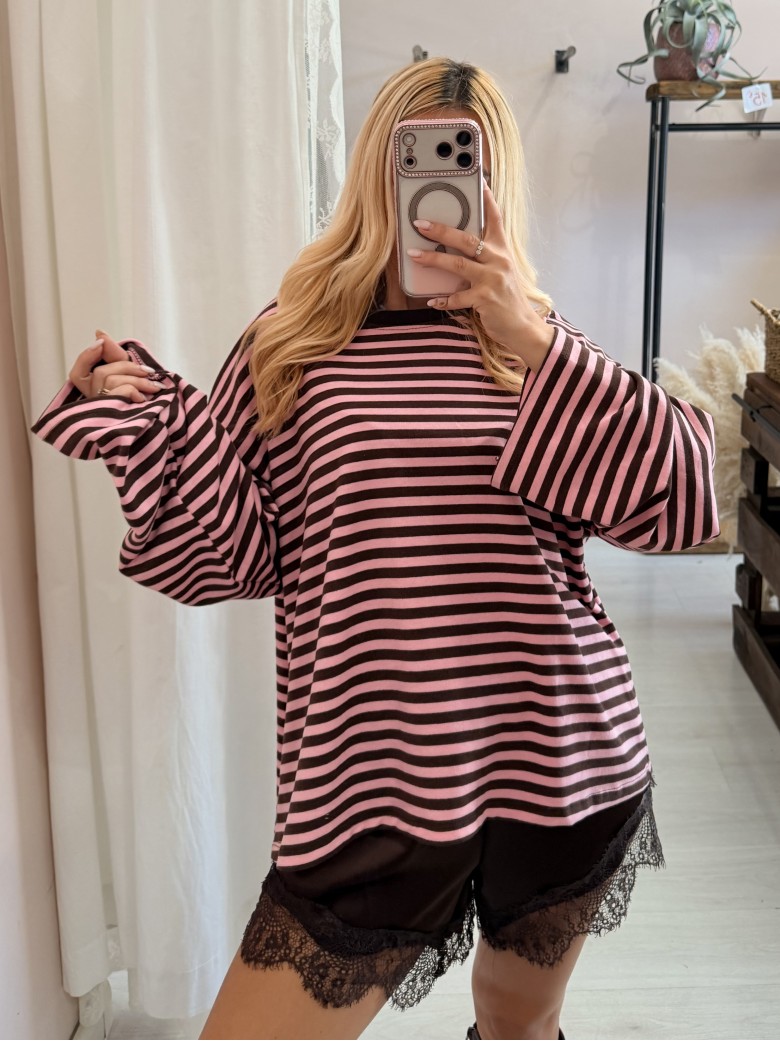 Maxi maglia a righe marrone e rosa