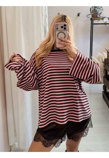 Maxi maglia a righe marrone e rosa
