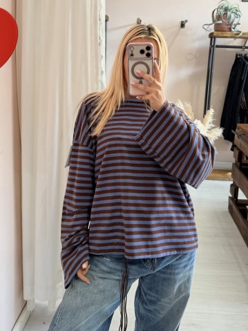 Maxi maglia a righe camel azzurro