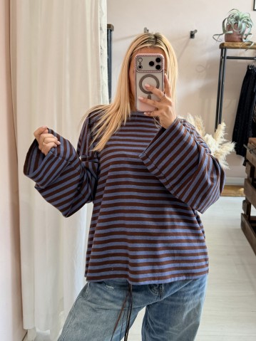 Maxi maglia a righe camel azzurro 2