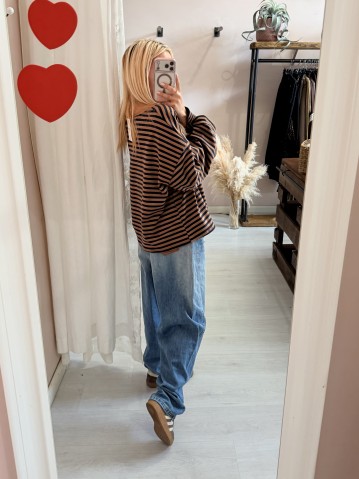 Maxi maglia a righe camel blu 2