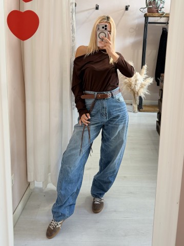 Jeans morbidi barrel tasca marrone