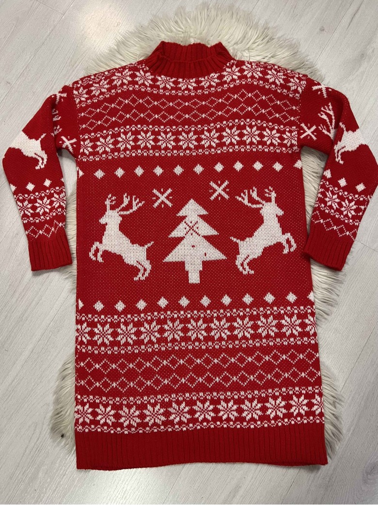 Vestito maxi pull renne e albero di natale rosso