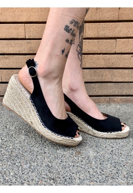 Zeppa paglia bassa aperta NERA