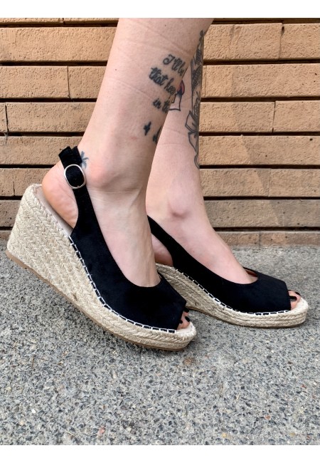 Zeppa paglia bassa aperta NERA