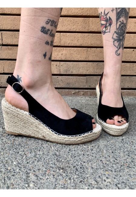 Zeppa paglia bassa aperta NERA