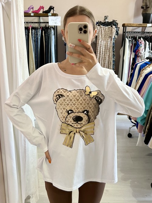Maxi maglia stampa teddy orsacchiotto cotone bianca