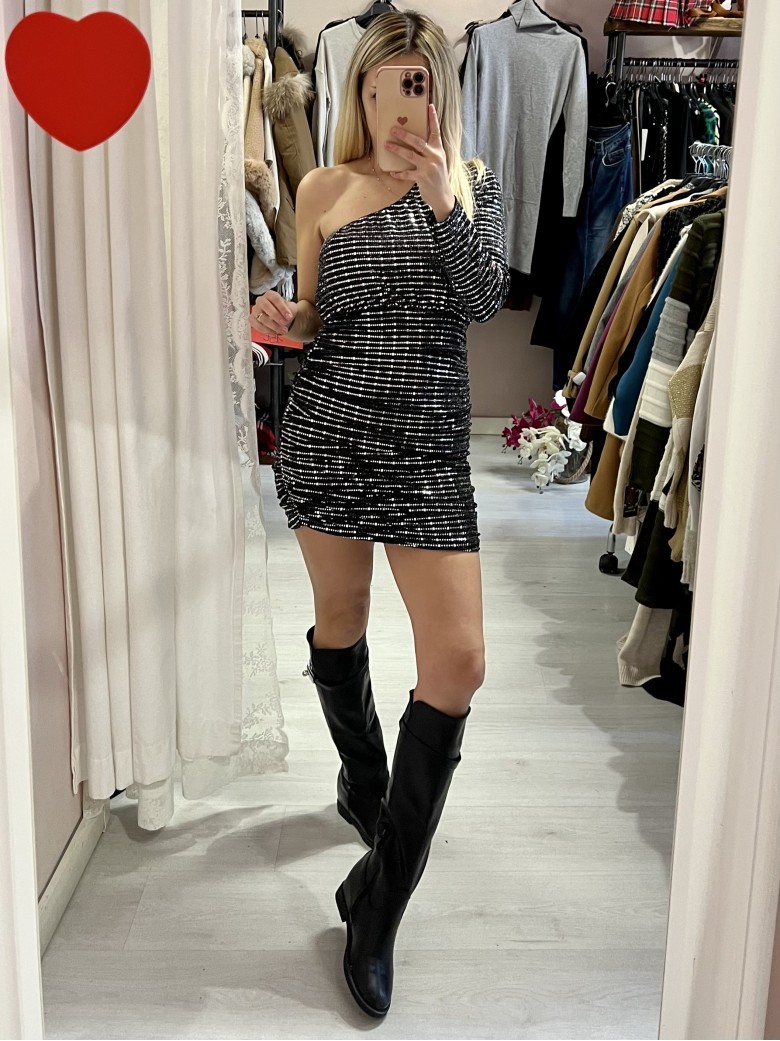 Vestito piastrine MONOSPALLA argentato nero