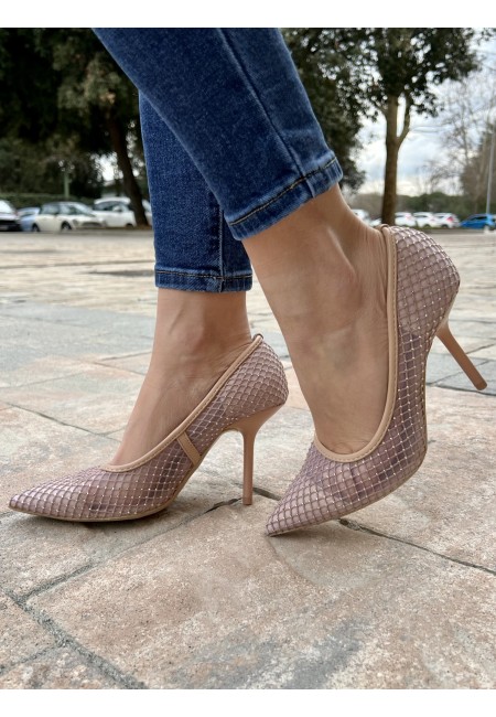 Decoltè a punta rete e brillanti NUDE 99-17