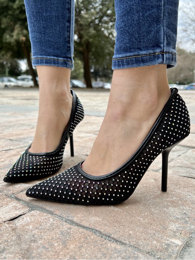 Decoltè a punta rete e brillanti NERE 99-17