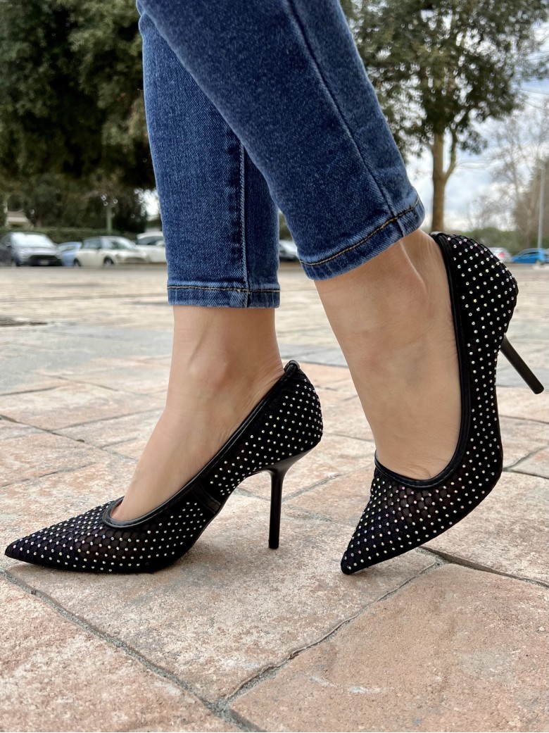 Decoltè a punta rete e brillanti NERE 99-17