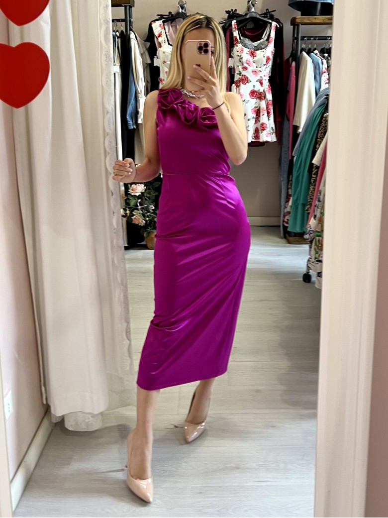 Vestito midi in raso monospalla