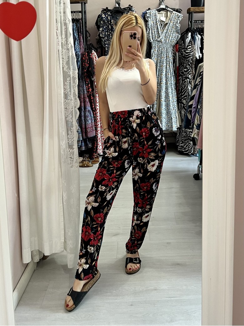 Pantaloni morbidi FIORI NERI