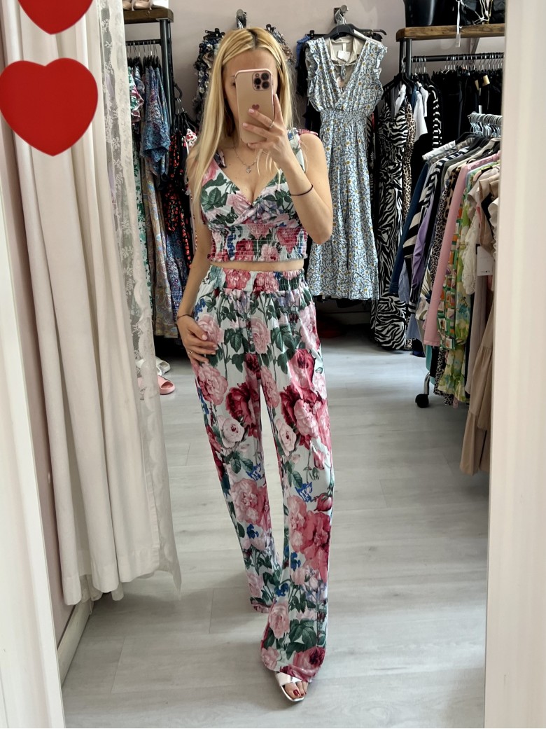 Set top e pantaloni A FIORI VERDE ACQUA