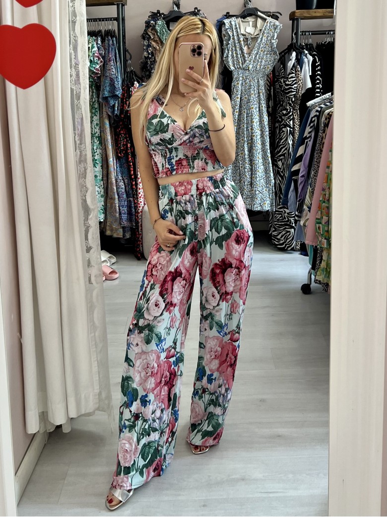 Set top e pantaloni A FIORI VERDE ACQUA